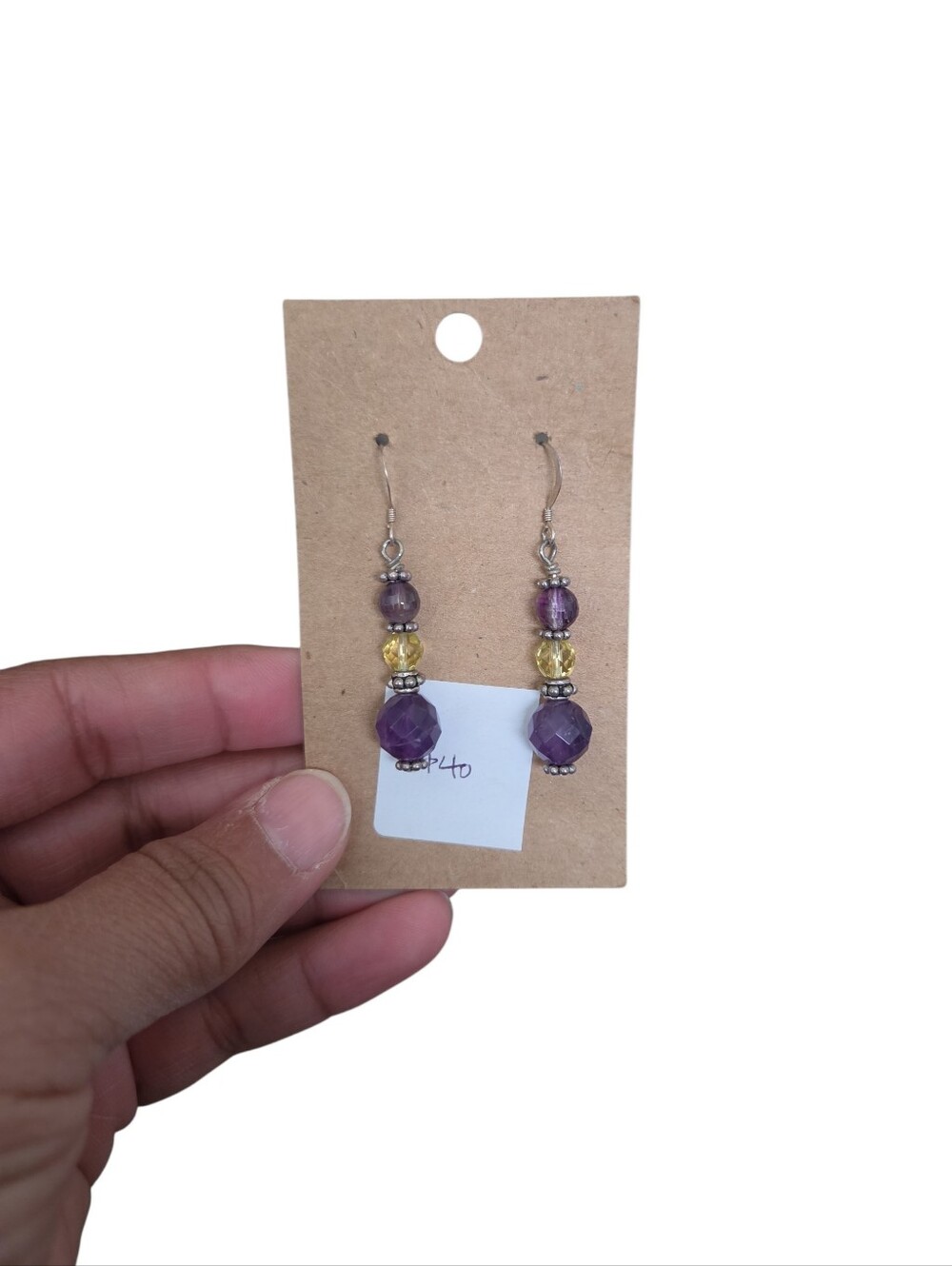 Silver Toned Handmade Purple & Yellow Bead Drop Earrings 2"